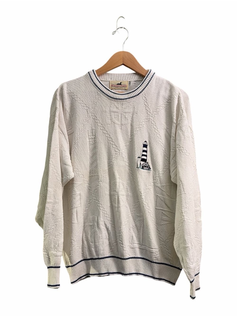 Winona Knits White Navy Crewneck Sweater Nautical Lighthouse Embroidery Sz L